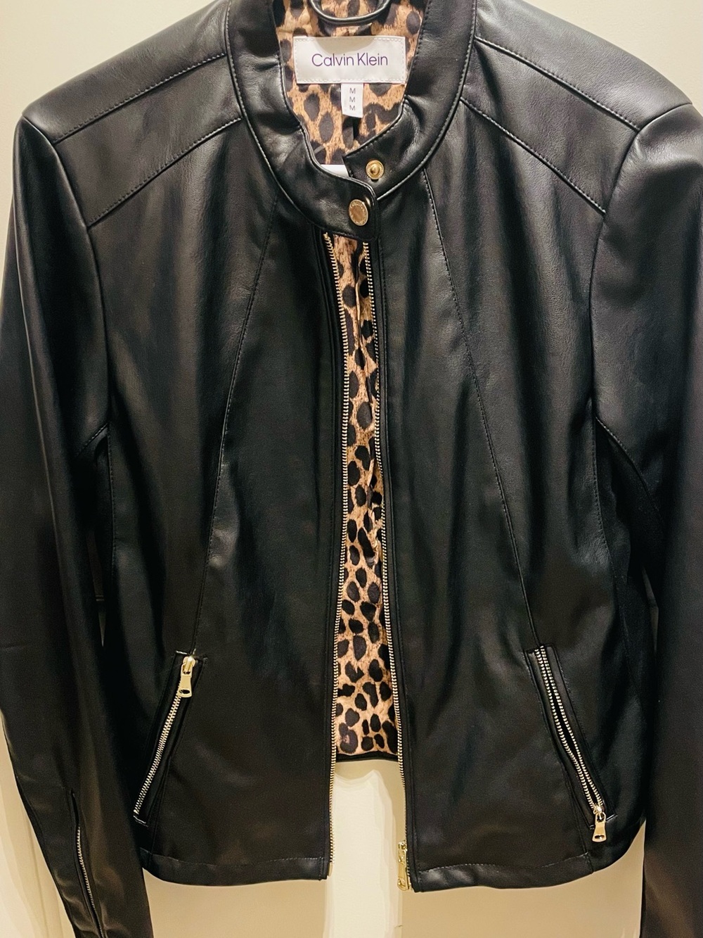 Calvin Klein Black faux Leather Jacket with Leopard-Print Lining